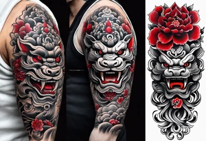 Sleeve tattoo 
Black and white, grey with red and scarlet accent. Japanese Shisa Okinawa beside Thai yak/giant and Thai naga. tattoo idea