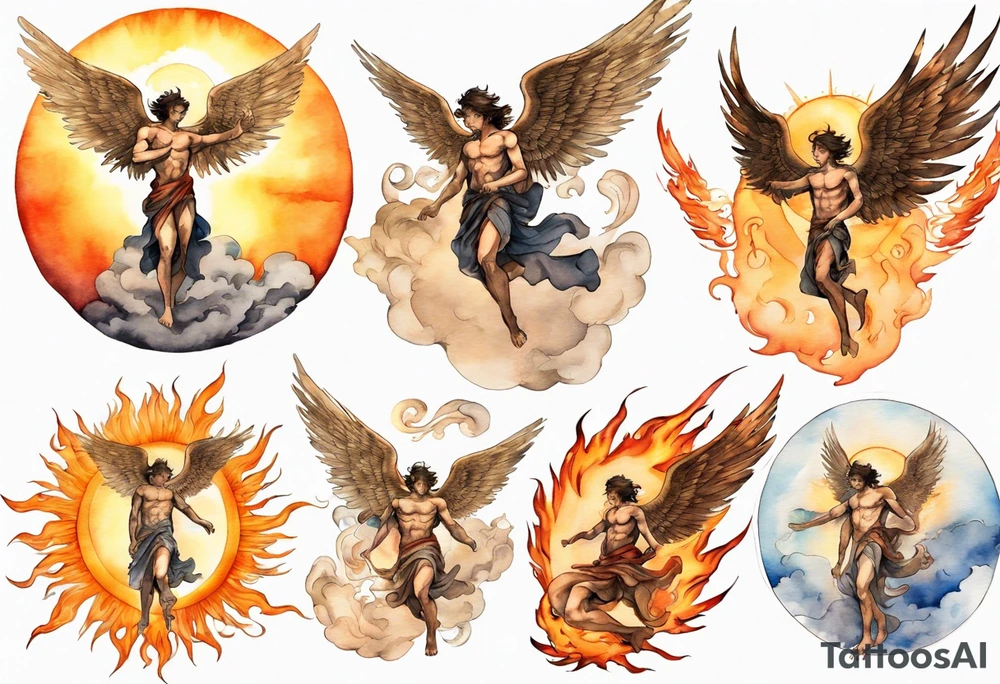 a bronze skinned male angel in front of a blazing sun tattoo idea