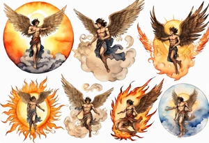 a bronze skinned male angel in front of a blazing sun tattoo idea