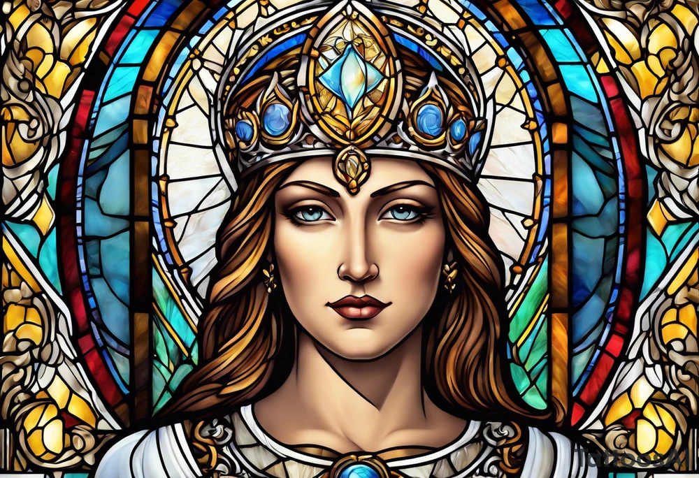 holy saint woman with halo stained glass holding a chalice tattoo idea