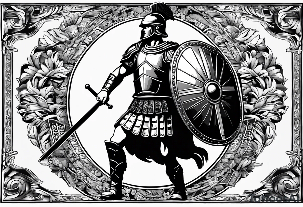 a black and white illustration of a roman soldier from AD 60, wearing armor which must include an armoured belt, breastplate, armoured shoes, shield, helmet and sword.
the soldier must look strong. the soldier is faceless. The image must include the full person, not just the top half tattoo idea