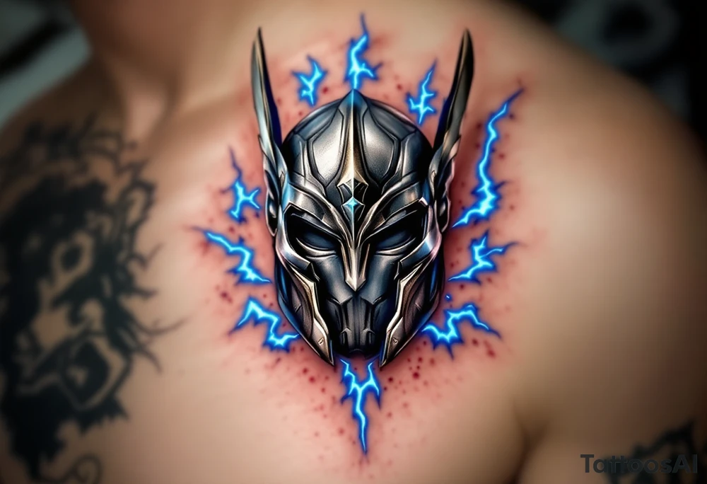 A stylized Thor helmet tattoo, metallic and battle-worn, with bright blue lightning bolts surrounding it, in silver, grey, and electric blue. tattoo idea