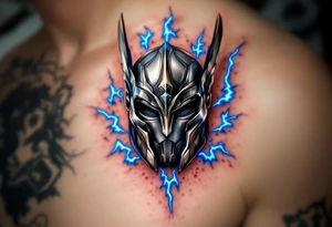 A stylized Thor helmet tattoo, metallic and battle-worn, with bright blue lightning bolts surrounding it, in silver, grey, and electric blue. tattoo idea