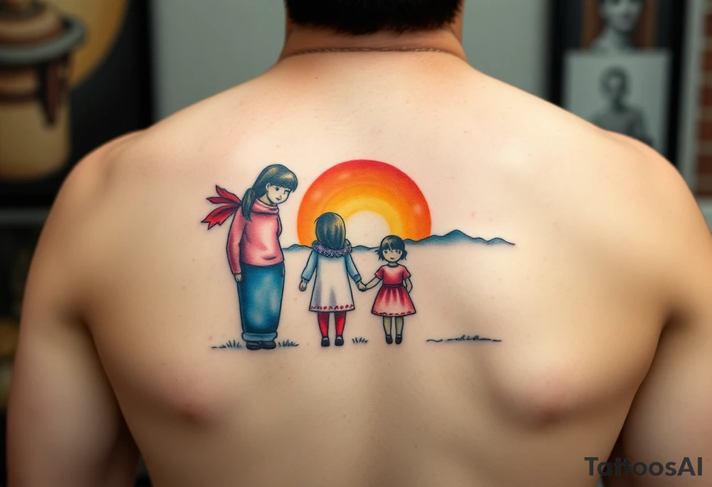 Family 2 parents 2 kids with colour around the caracters and empty caracters and sunrise tattoo idea