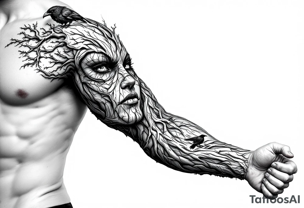 Entire arm tattooed like tree bark with face carved into it and a raven on the shoulder with wing extending to chest tattoo idea