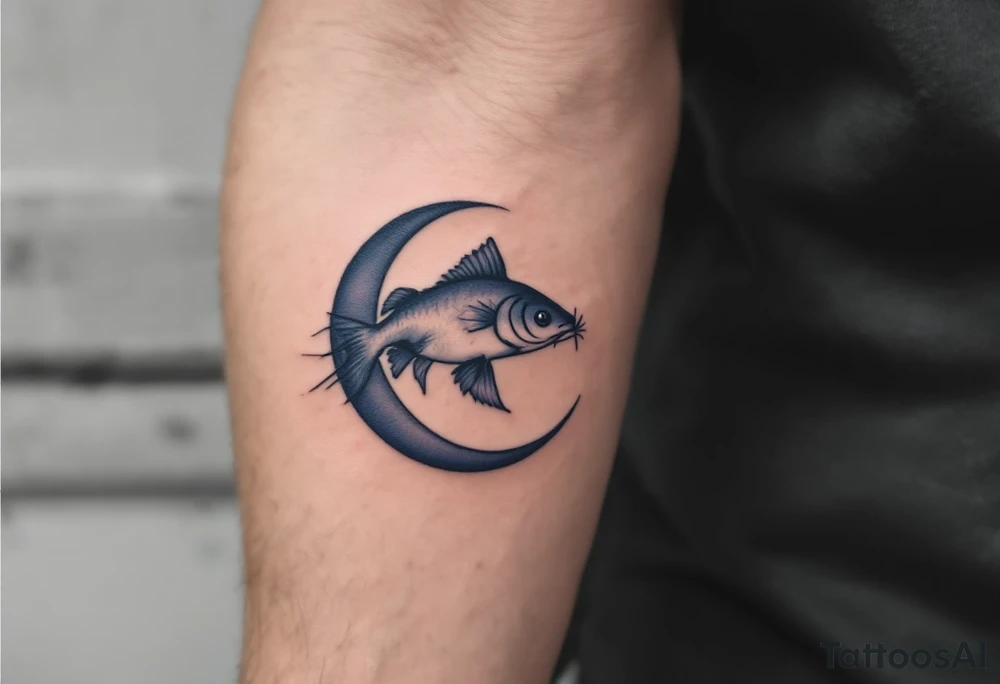 Catfish and Moon – A catfish in profile, colored smoky blue, with its whiskers curling around a crescent moon, giving a mystical, dreamlike tone. tattoo idea