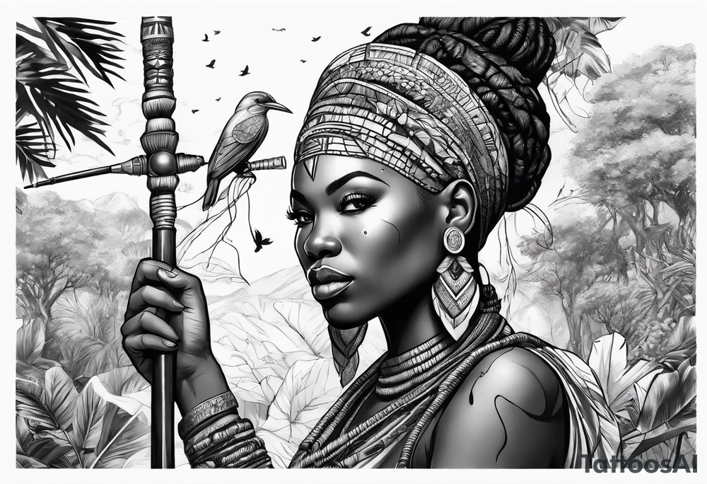 African woman warrior holding spear with deadlocks and earrings. With leafs, trees, birds and Elephants in the background tattoo idea