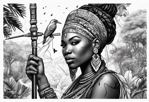 African woman warrior holding spear with deadlocks and earrings. With leafs, trees, birds and Elephants in the background tattoo idea