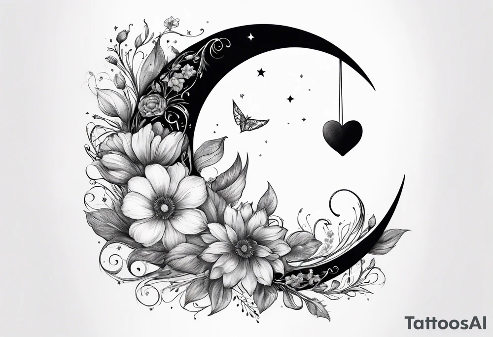 Crescent moon with a heart inside, shrouded by beautiful flowers with wisps of mist tattoo idea