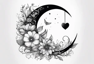 Crescent moon with a heart inside, shrouded by beautiful flowers with wisps of mist tattoo idea