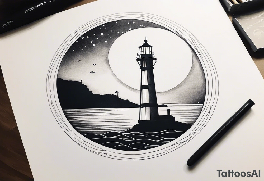 lighthouse a bit realist, night, circle framed tattoo idea