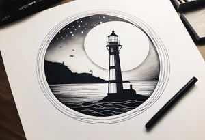 lighthouse a bit realist, night, circle framed tattoo idea