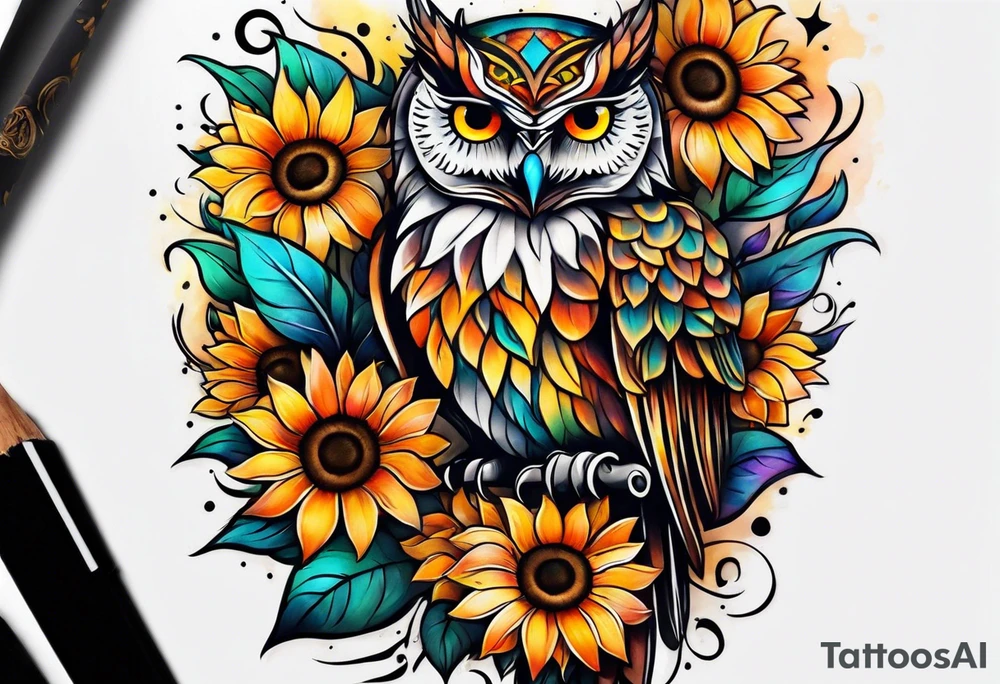 Leg sleeve with colorful sunflowers and an owl tattoo idea