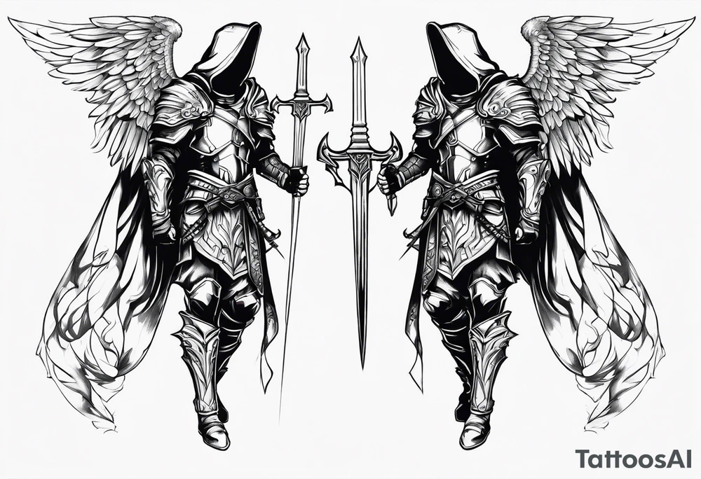 Arch angel hood fighting sword male full body heavenly armor tattoo idea