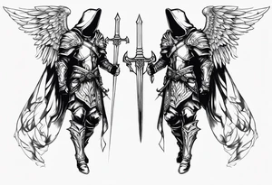 Arch angel hood fighting sword male full body heavenly armor tattoo idea
