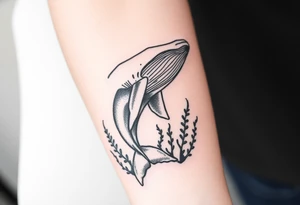 Forearm design, size = most of forearm.   Illustrative B/W with heavy linework, some shading and artistic styling.   Humpback whale that is breaching.  Kelp underwater framing whale as it emerges. tattoo idea