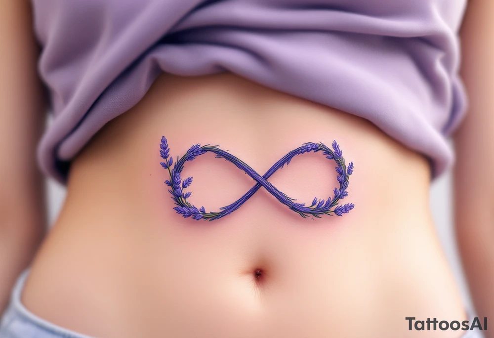 An infinity symbol intertwined with a lavender stem, with a soft ombré effect blending from violet to pastel pink. tattoo idea