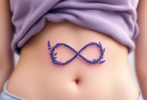 An infinity symbol intertwined with a lavender stem, with a soft ombré effect blending from violet to pastel pink. tattoo idea