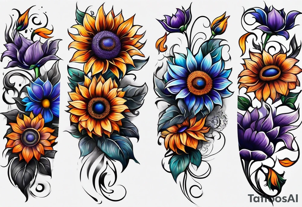 Full leg sleeve with purple, orange and blue sunflowers tattoo idea