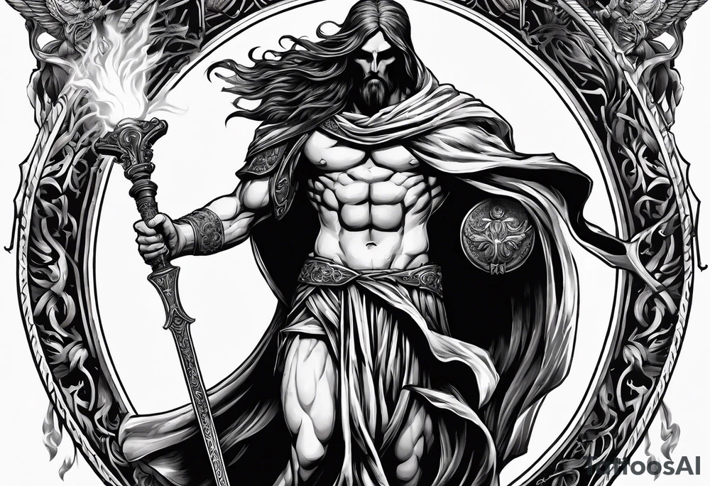 Thanatos, the greek god of death, holding a sword and a torch tattoo idea