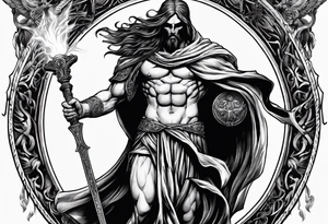 Thanatos, the greek god of death, holding a sword and a torch tattoo idea