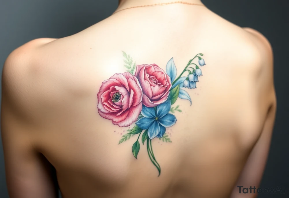 Bouquet of flowers with a carnation, rose, Lily of the valley, delphinium with stems going down Spine tattoo idea
