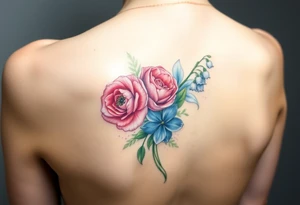 Bouquet of flowers with a carnation, rose, Lily of the valley, delphinium with stems going down Spine tattoo idea