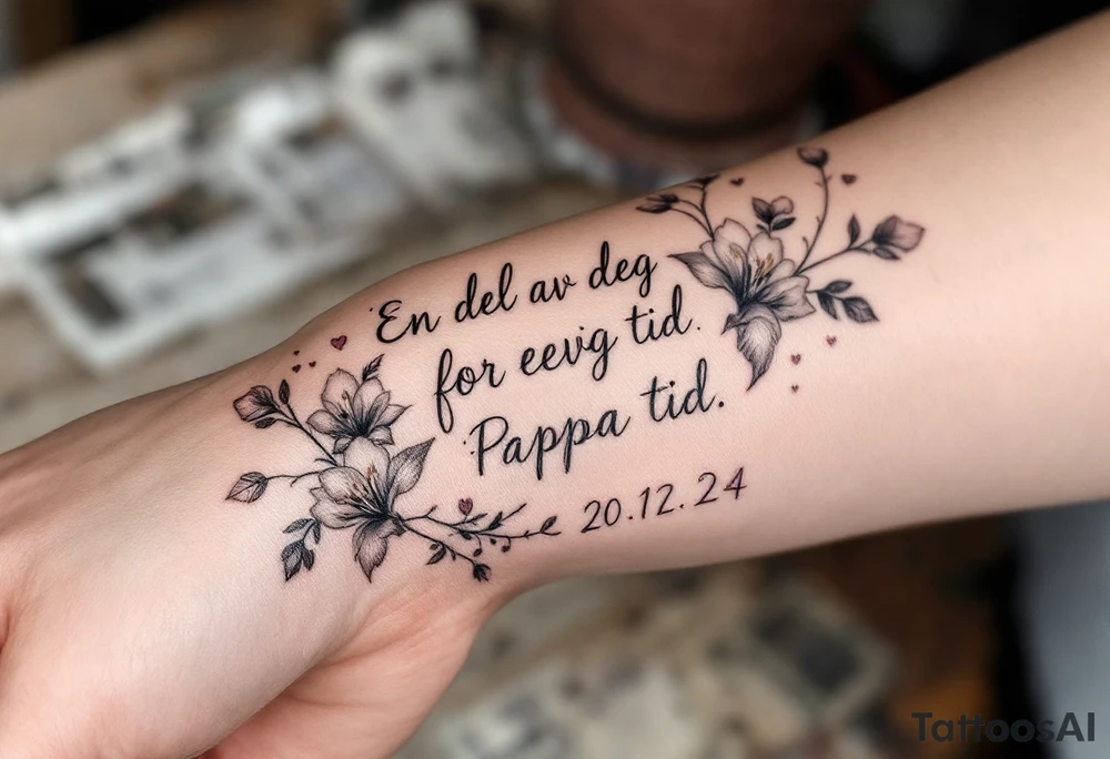 Make a quotes that says: En del av deg for evig tid. Pappa 20.12.24. Surround the quote with realistic gladiolius, notes, hearts and an anchor tattoo idea