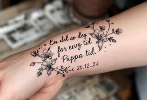 Make a quotes that says: En del av deg for evig tid. Pappa 20.12.24. Surround the quote with realistic gladiolius, notes, hearts and an anchor tattoo idea