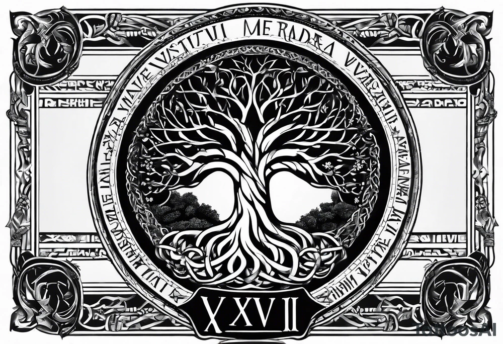 Yggdrasil with no leaves. 
A roman inscription "MEMENTO VIVERE" on the top. 
A metal bracelet with the date "XXXI-VII-MMXV" tattoo idea