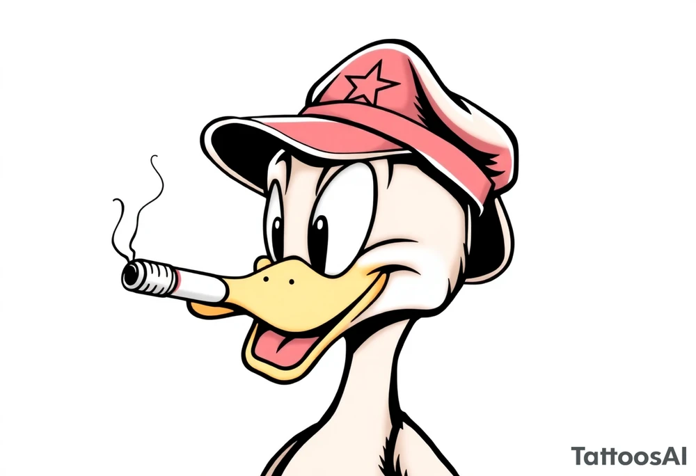 Daffy duck  smoking a rolled cigarette with a Vietnam veteran hat on and make his eyes stoned and chill looking tattoo idea