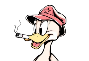 Daffy duck  smoking a rolled cigarette with a Vietnam veteran hat on and make his eyes stoned and chill looking tattoo idea