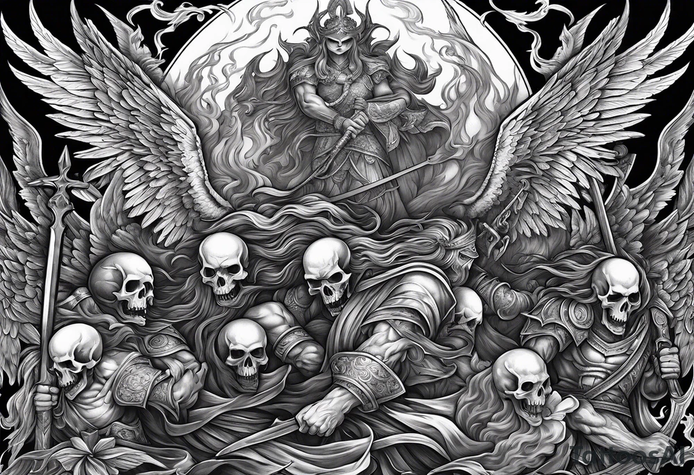 Angels fighting demons over fire with skulls in the background tattoo idea