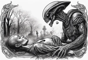 Alien dragging a dead human through a cemetary tattoo idea