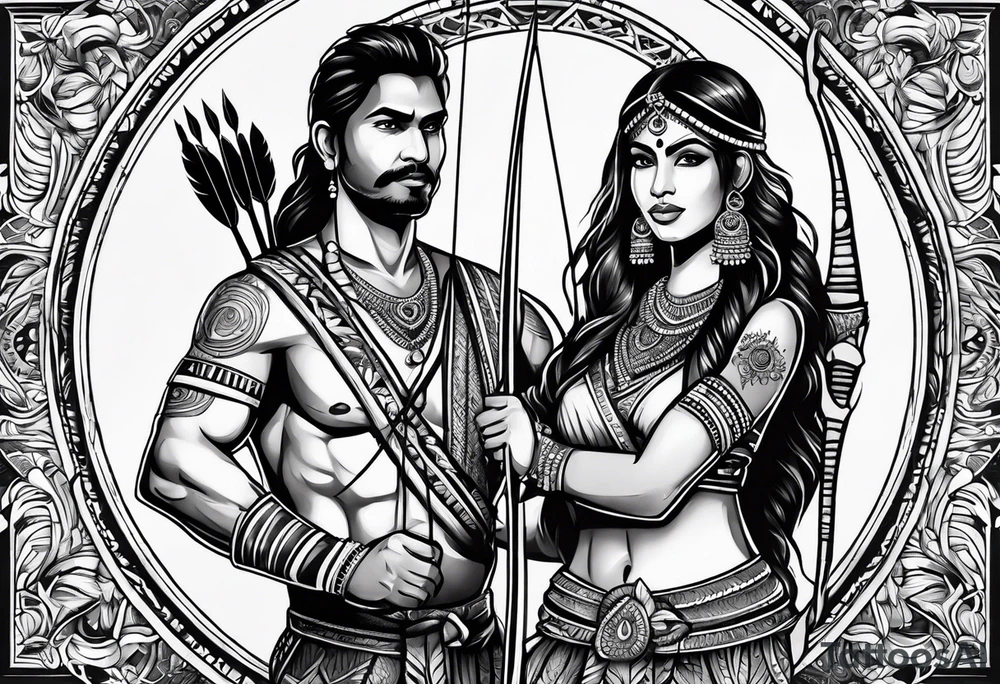 tribal indian couple with bow and arrow and spear tattoo idea