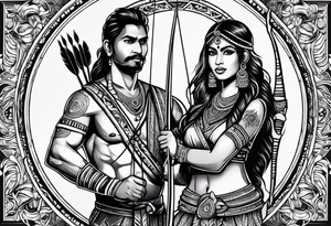 tribal indian couple with bow and arrow and spear tattoo idea