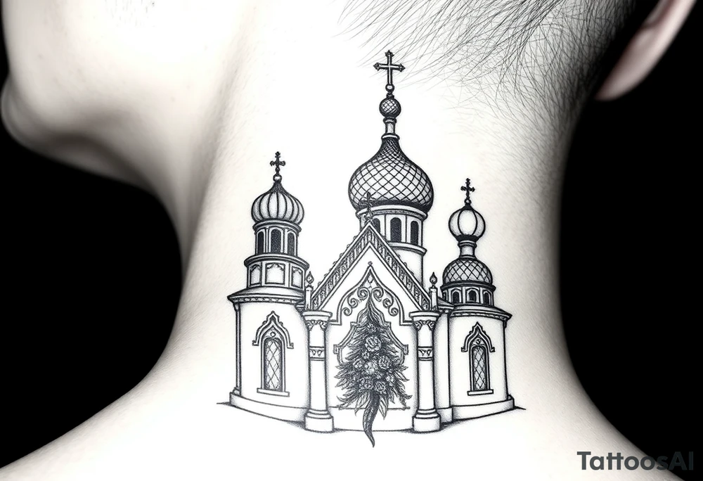 medium sized Russian orthodox church with bulb domes with a prominent russian orthodox mosaic tattoo idea
