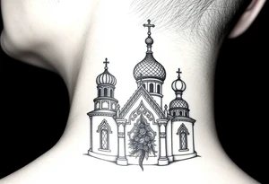 medium sized Russian orthodox church with bulb domes with a prominent russian orthodox mosaic tattoo idea
