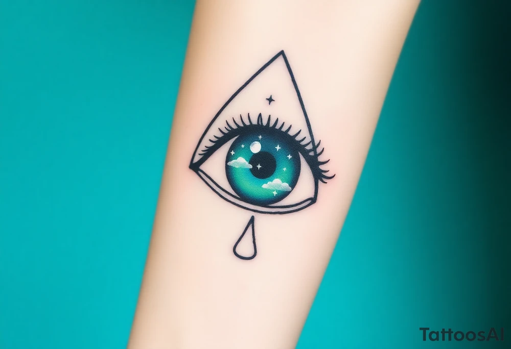 Large almond shaped outline of an eye with an ace of spades eyeball long black eyelashes eyecolored greenish blue vivid colors like green blue purple with a crescent moon stars and clouds inside of the eyeball tattoo idea