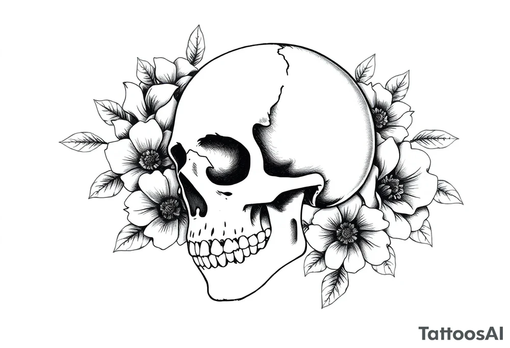 skull slightly facing left, surrounded by floral ornaments tattoo idea