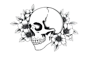 skull slightly facing left, surrounded by floral ornaments tattoo idea