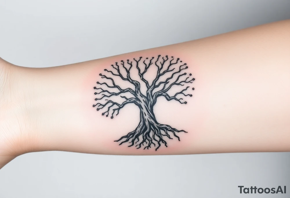 mystical tree of life with cosmic roots and celestial branches tattoo idea