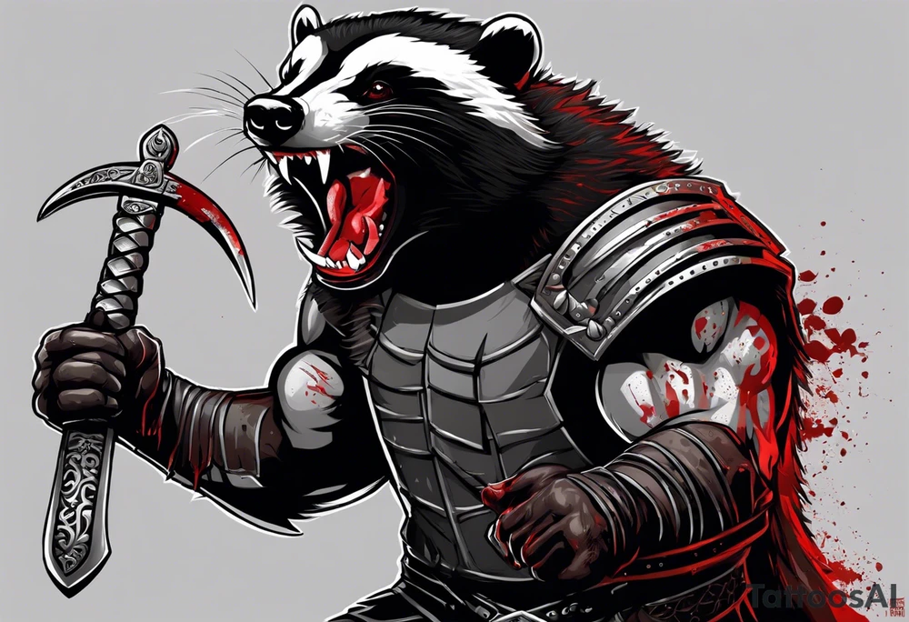 Draw me psychopath Honey Badger/Berserker with aggressive full body, killer face with a scary smile, very long nails and he attacks like a Bloody Assassin/Warrior/Gladiator to us and also, he has very deadly looking. He fights with his nails. Everybody scares after their first sight. Give me horror type Badger Tattoo. I want to see his Realistic full body with no weapons. tattoo idea