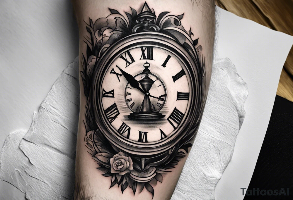 Draw me a tattoo located on the shoulder and upper arm of a man. The tattoo represents a clock in an hourglass with Roman numerals in the background. It is a symbol of the passing of time. tattoo idea