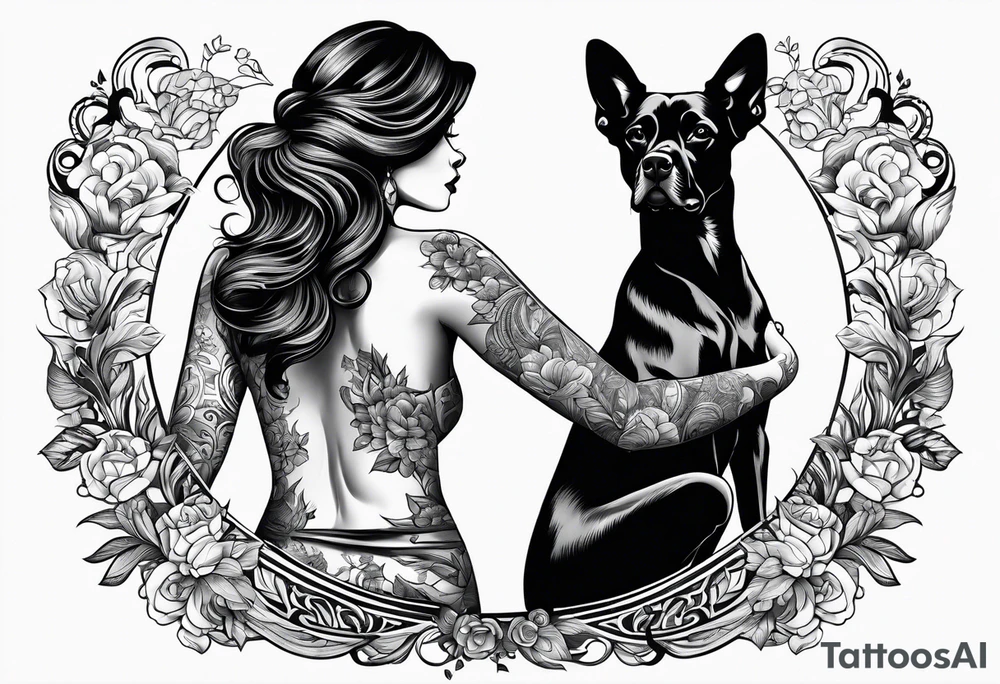 dog reaching hand of a woman and woman as her back facing us tattoo idea