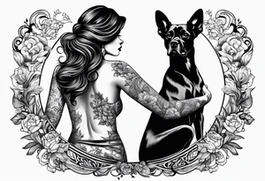dog reaching hand of a woman and woman as her back facing us tattoo idea
