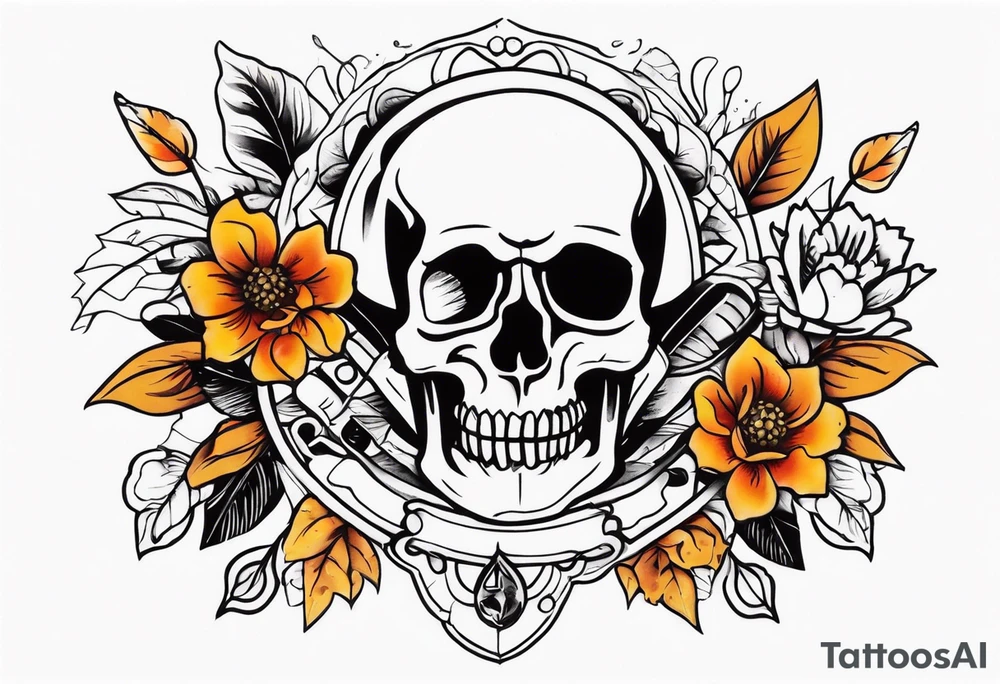 Old school center Knee tattoo with skulls, various flowers, water shapes and fall colors tattoo idea