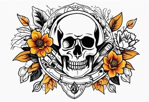 Old school center Knee tattoo with skulls, various flowers, water shapes and fall colors tattoo idea