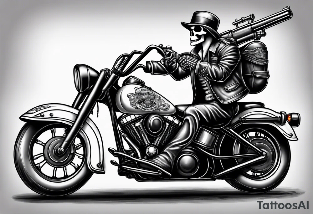 Old school skeleton holding a shotgun riding a harley davidson tattoo idea Old school skeleton holding a shotgun riding a harley davidson tattoo idea