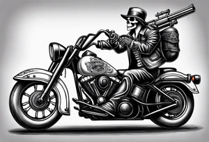 Old school skeleton  holding a shotgun riding a harley davidson tattoo idea